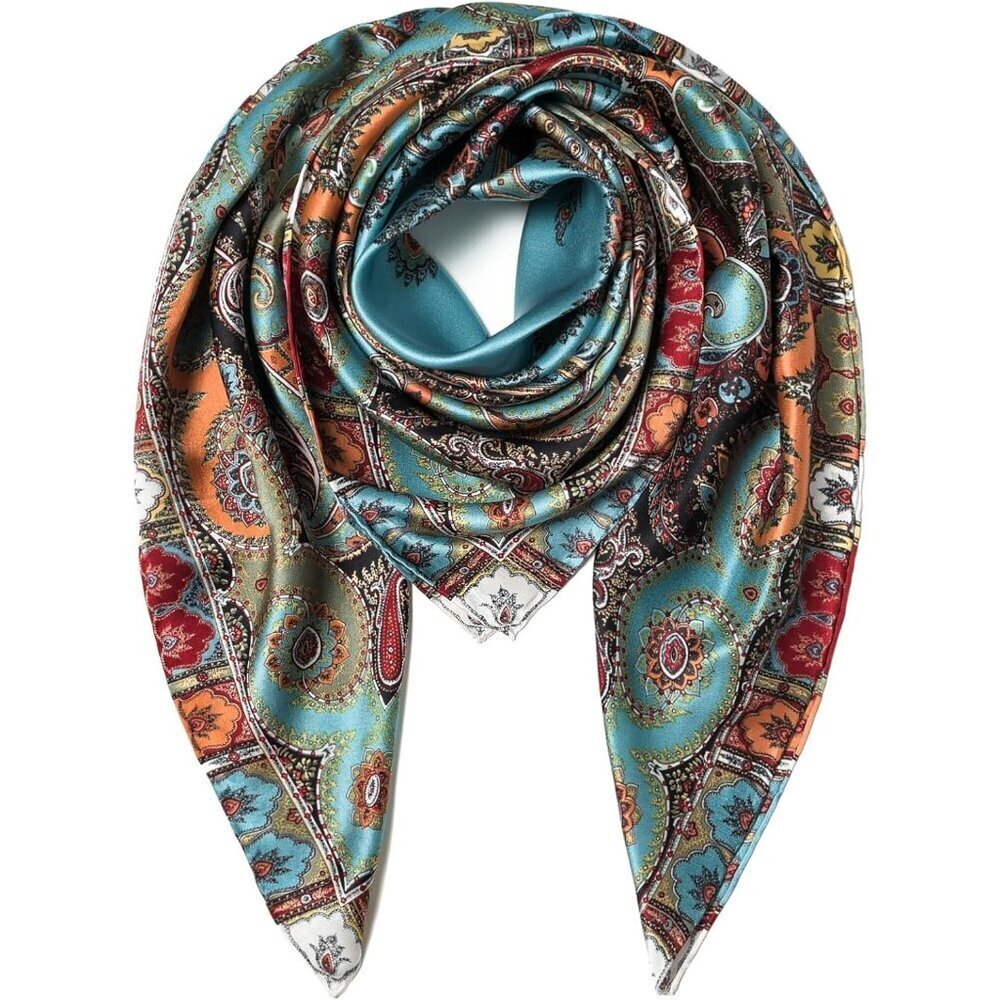 Mulberry Silk Blue-5 Scarf 43 Inch Large Square Shawl Womens Oversized Headband